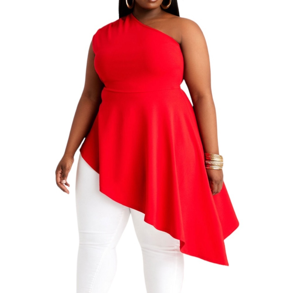 Ashley Stewart Dramatic Asymmetrical Top Red Sz 26